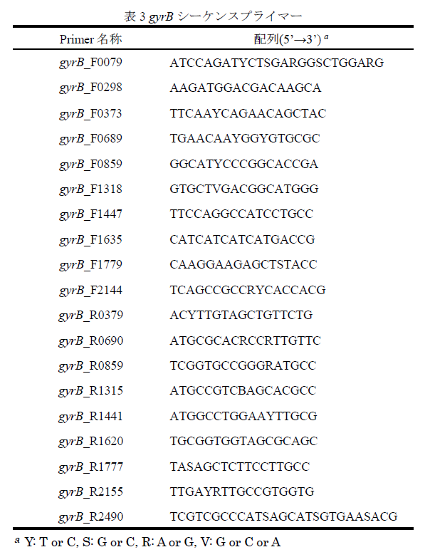 表3gyrBシーケンスプライマー