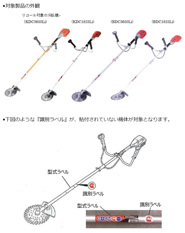 株式会社丸山製作所　刈払機（充電式）　対象製品の外観、確認方法