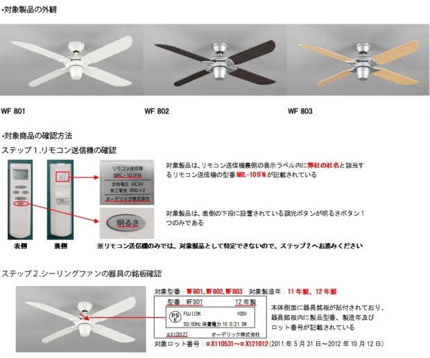 オーデリック株式会社　シーリングファン　対象製品の外観・確認方法