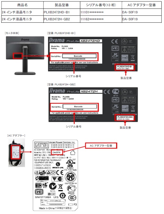 株式会社マウスコンピューター　液晶ディスプレイモニター用ＡＣアダプター 対象製品の外観、確認方法