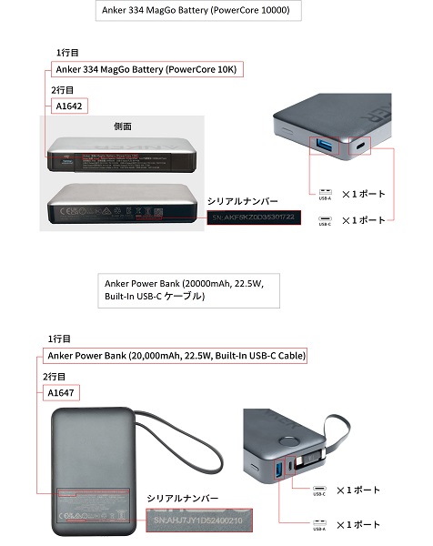 2024/09/17　アンカージャパン株式会社  リチウム電池内蔵充電器   対象製品の外観とシリアルナンバーの確認方法