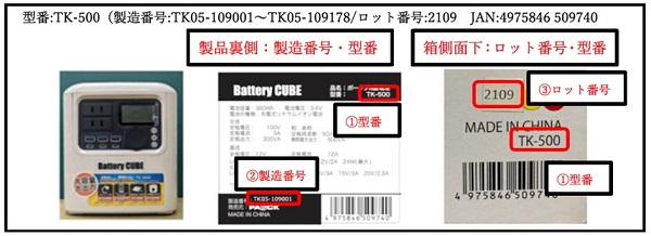 2024/12/20　株式会社テイーエム　ポータブル蓄電池   対象製品の外観と確認方法